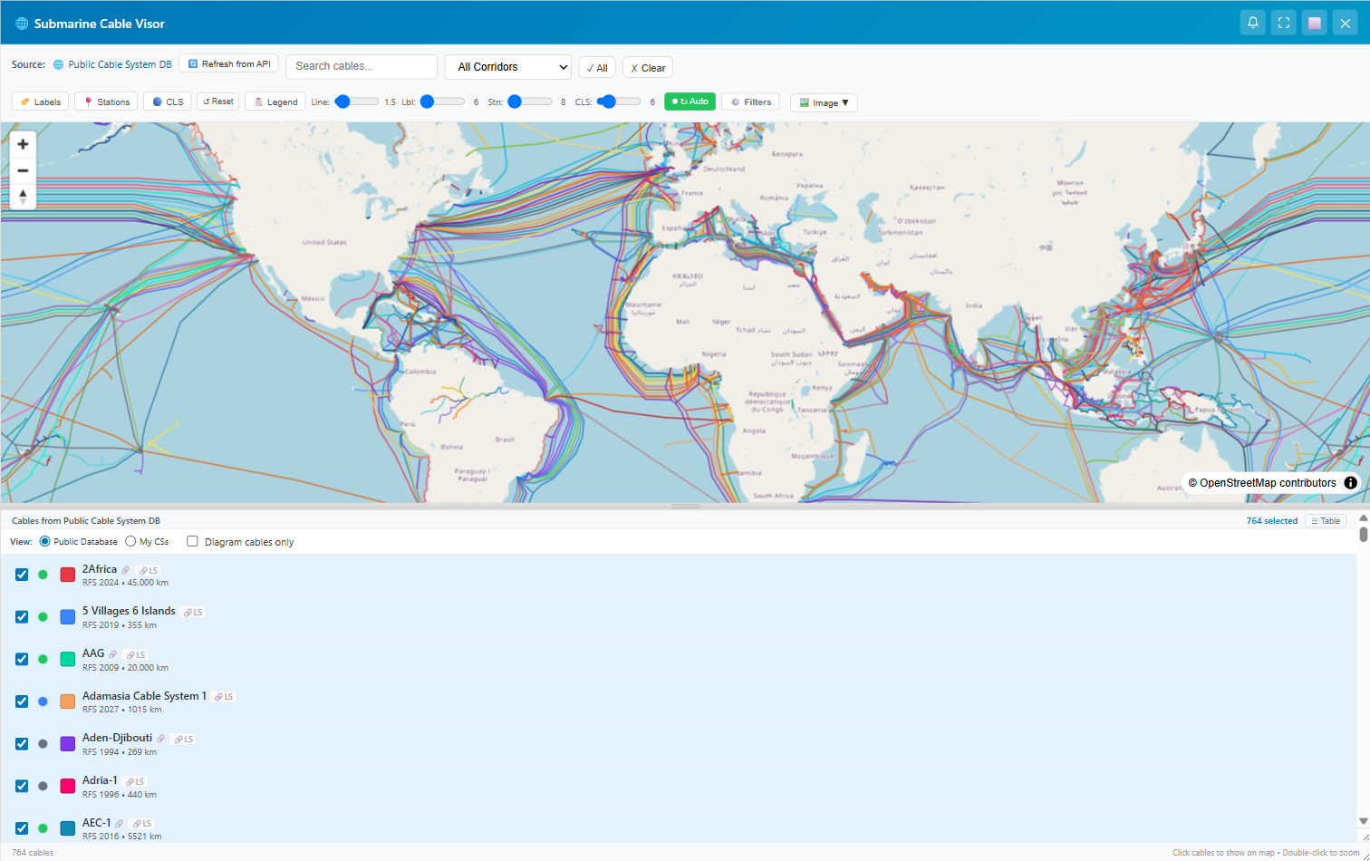 NexiWay submarine cable visor showing global cable systems on a world map