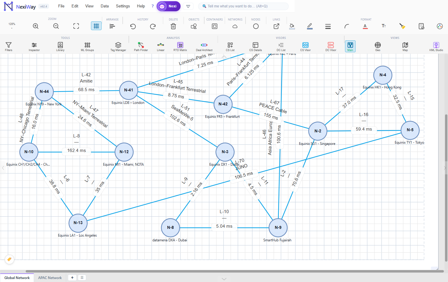 NexiWay design canvas showing a global network topology of nodes and links
