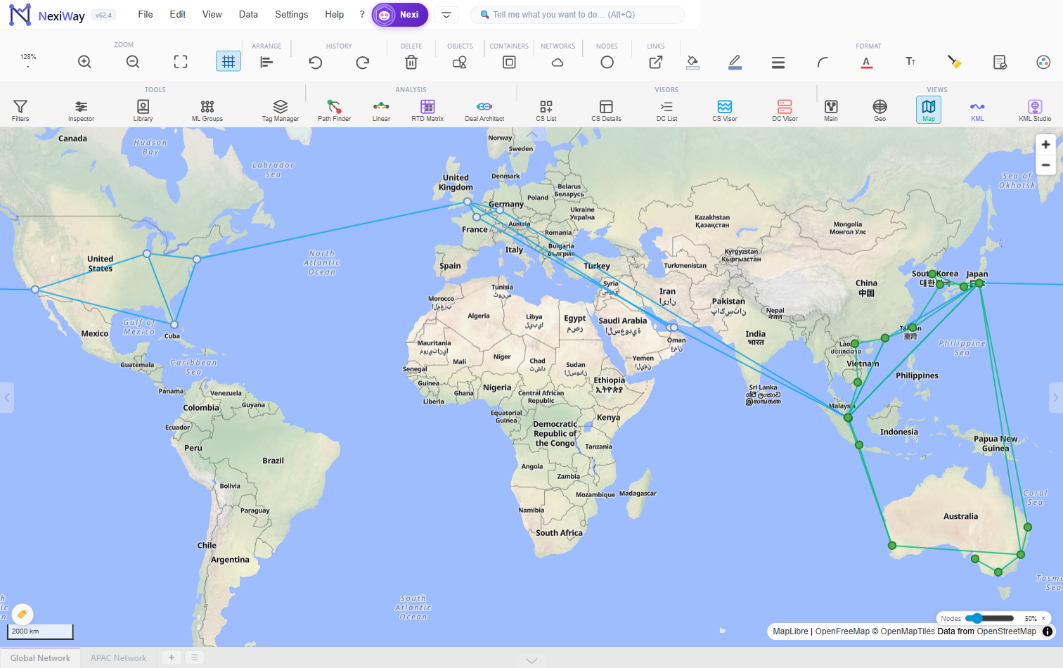 NexiWay showing a global network laid over a world map