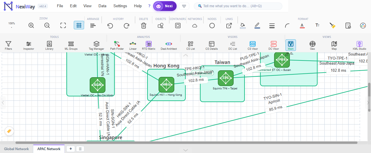 NexiWay APAC network topology used for route finding
